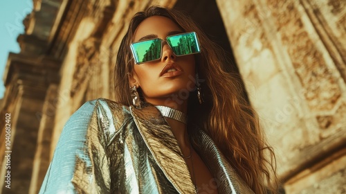 A modern woman poses outside wearing a metallic jacket and futuristic eyewear, evoking a sense of innovation and contemporary fashion trends.