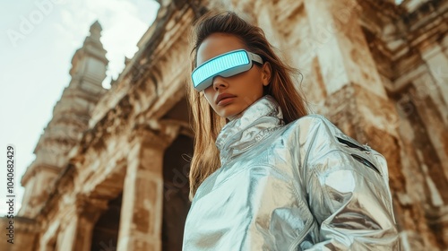 A futuristic woman stands in front of an ancient building wearing a high-collared metallic jacket and sleek visor sunglasses, blending future with the historical setting. photo