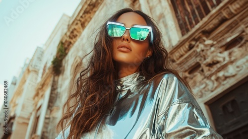 A stylish woman poses confidently in a shiny metallic outfit with large rectangular sunglasses reflecting the historic architecture around her.