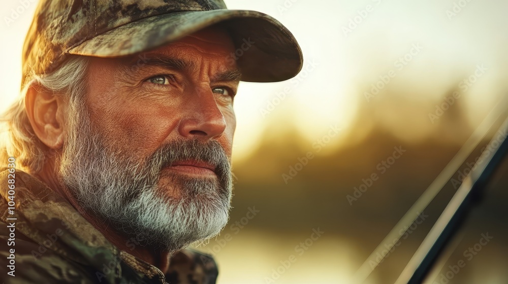 A bearded fisherman in camouflage attire holds his fishing rod, intensely focused, as the golden light of evening casts a warm glow on his thoughtful expression. A bearded fisherman in camouflage attire holds his fishing rod, intensely focused, as the golden light of evening casts a warm glow on his thoughtful expression.