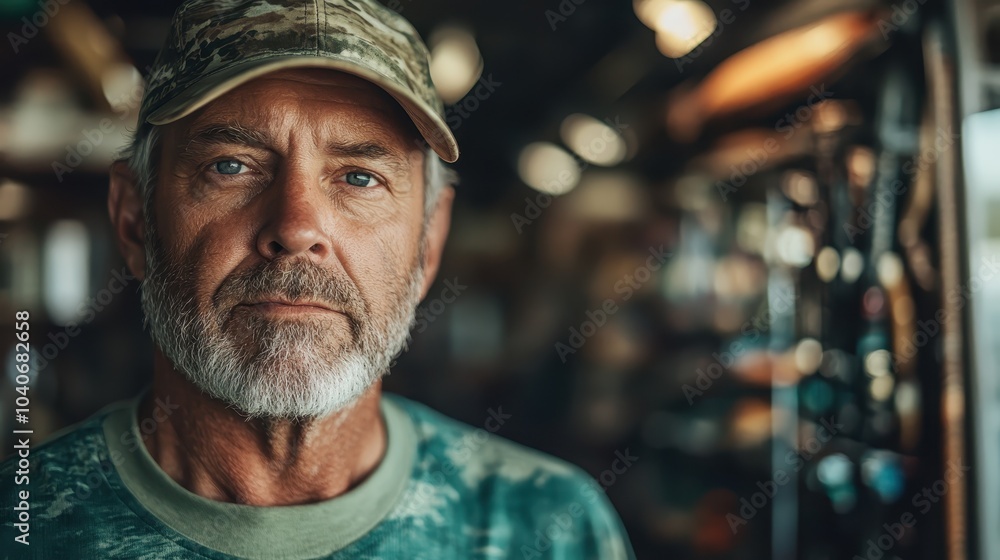 Portrait of an older man with a white beard and camouflage hat, standing in a warmly-lit rustic environment, contemplating his surroundings with a thoughtful gaze. Portrait of an older man with a white beard and camouflage hat, standing in a warmly-lit rustic environment, contemplating his surroundings with a thoughtful gaze.