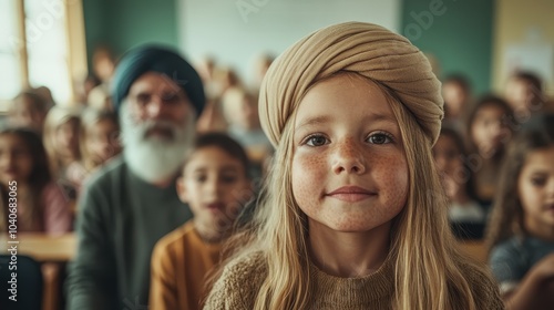 A freckled child stands in focus at the front of a classroom, with a bearded man in a turban in the background, signifying cultural depth and education.