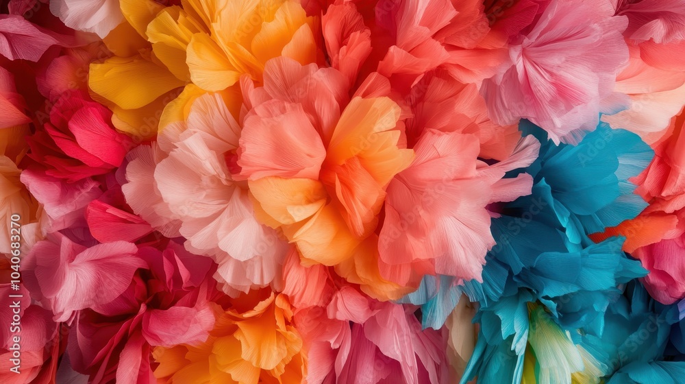 A stunning and colorful arrangement of vibrant, paper-like flowers in various shades of pink, blue, and orange, creating a vivid and festive atmosphere. A stunning and colorful arrangement of vibrant, paper-like flowers in various shades of pink, blue, and orange, creating a vivid and festive atmosphere.
