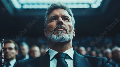 A distinguished elderly man in a dark suit gazes confidently upward in a crowded room, conveying wisdom and leadership amidst a blurred background. photo