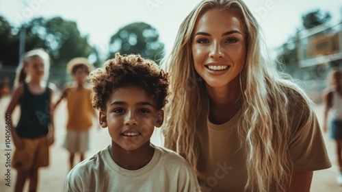 A smiling woman with long blonde hair poses with a young boy on a sunny basketball court, surrounded by other kids, showcasing joy and lively interaction outdoors.