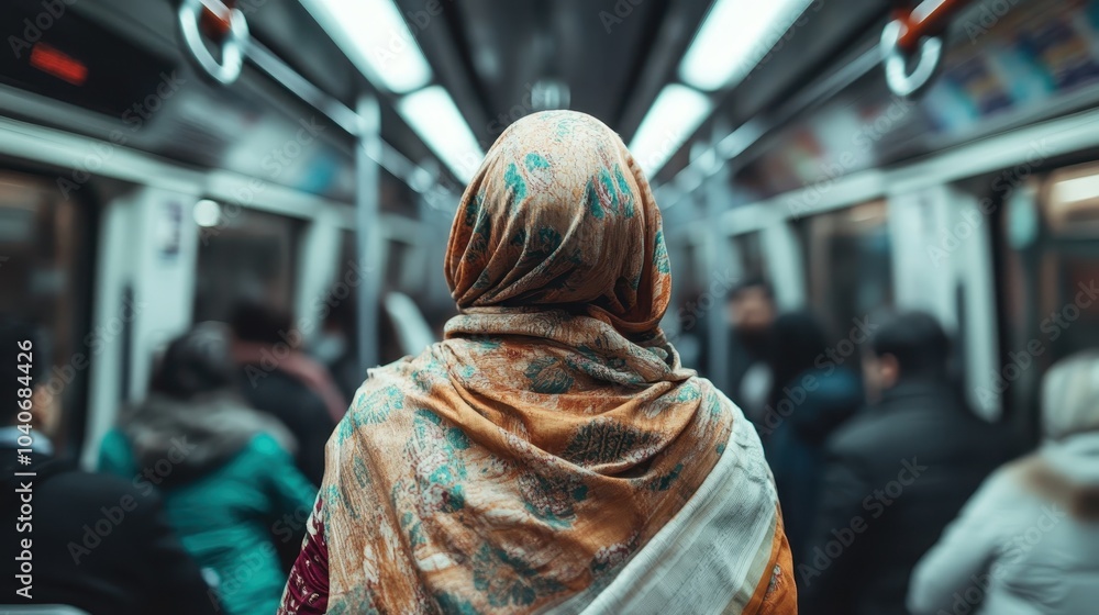 A person wearing a patterned shawl rides a modern city metro, surrounded by seated passengers, reflecting urban life and multicultural diversity. A person wearing a patterned shawl rides a modern city metro, surrounded by seated passengers, reflecting urban life and multicultural diversity.