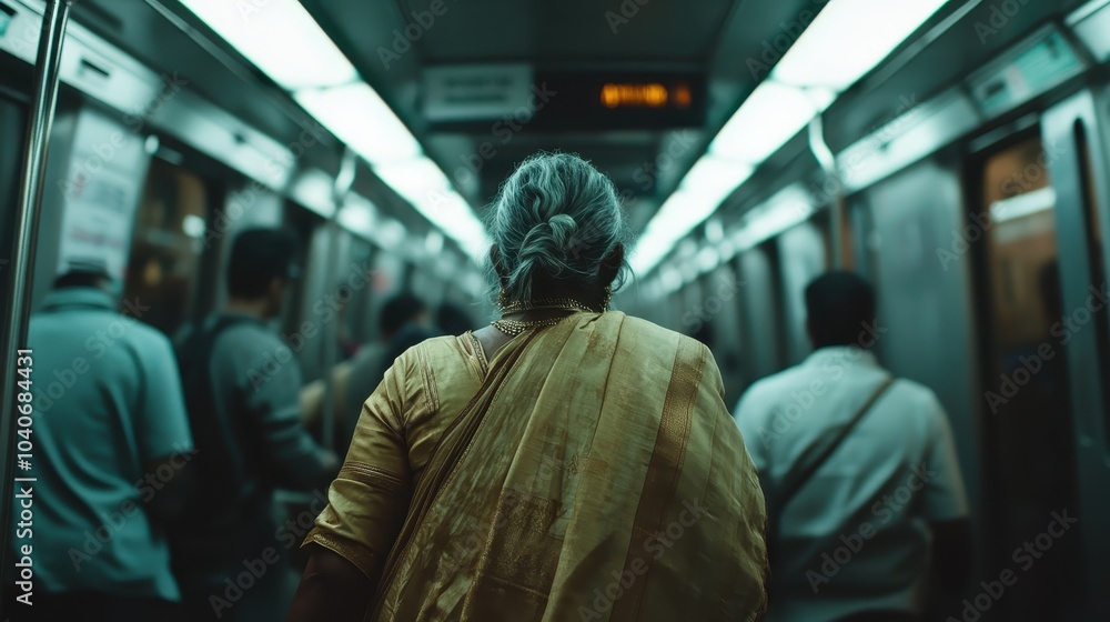 A woman in a traditional sari travels on a crowded subway, symbolizing cultural heritage and the balance between traditional values and modern urban life. A woman in a traditional sari travels on a crowded subway, symbolizing cultural heritage and the balance between traditional values and modern urban life.