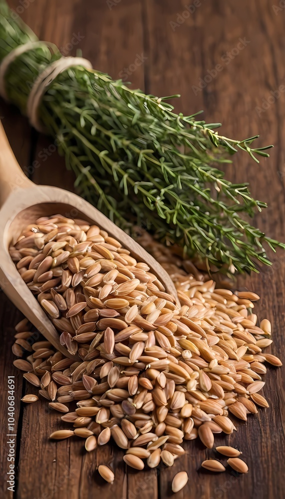 Obraz premium Freshly harvested grains in a wooden bowl with herbs on a rustic table setting in natural lighting
