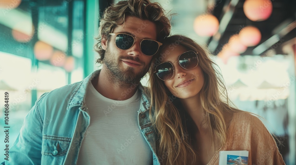 The couple is indoors with a casual fashionable vibe, wearing sunglasses and soft smiles. They capture a contemporary mood of relaxation and understated elegance. The couple is indoors with a casual fashionable vibe, wearing sunglasses and soft smiles. They capture a contemporary mood of relaxation and understated elegance.