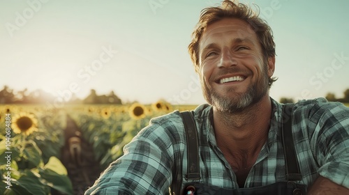 A content farmer in a checkered shirt smiles warmly amidst a blooming sunflower field under the vibrant sun, embodying peace, fulfillment, and joy surrounded by nature's bounty.