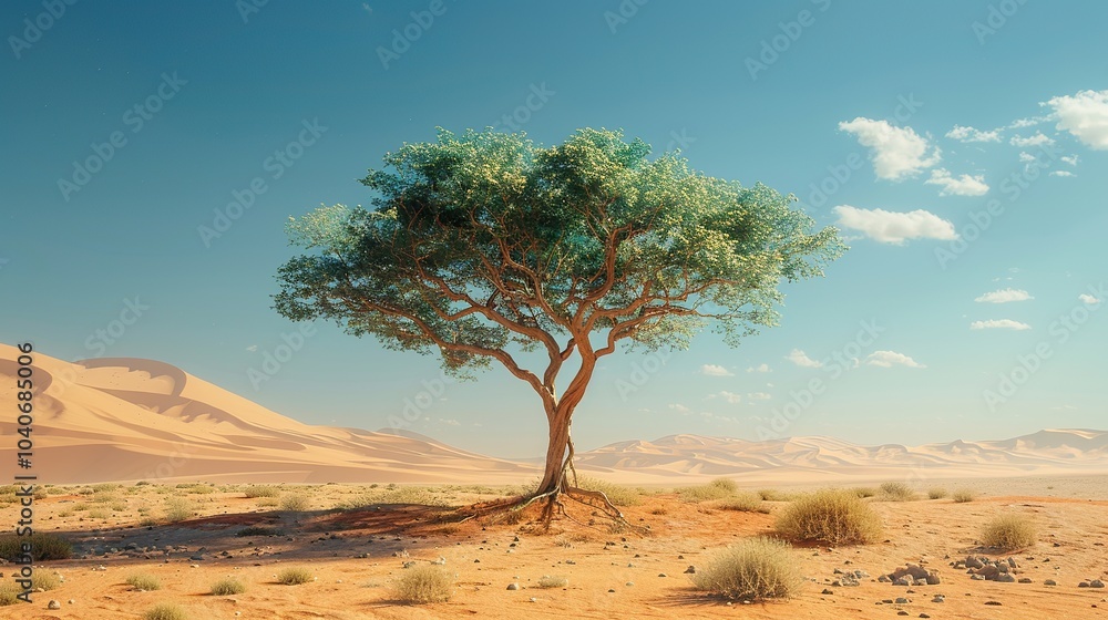 A lone acacia tree standing resilient in the middle of the Sahara Desert, surrounded by vast stretches of sand A lone acacia tree standing resilient in the middle of the Sahara Desert, surrounded by vast stretches of sand