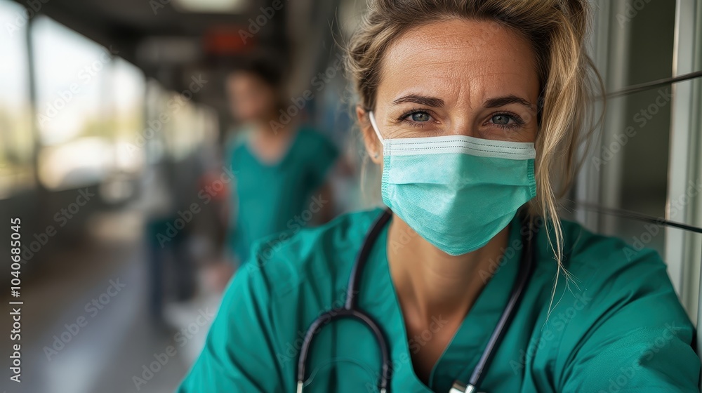A healthcare worker wearing a surgical mask and green scrubs stands with a focused expression, emphasizing dedication and readiness in a medical setting. A healthcare worker wearing a surgical mask and green scrubs stands with a focused expression, emphasizing dedication and readiness in a medical setting.