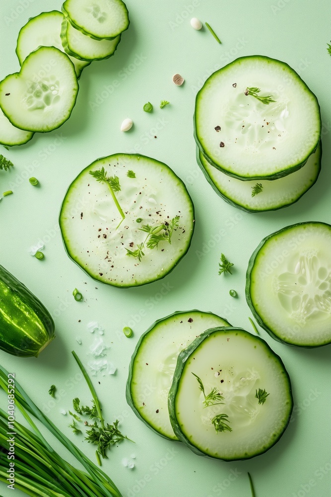 Freshly Sliced Cucumbers Garnished with Herbs and Spices Freshly Sliced Cucumbers Garnished with Herbs and Spices