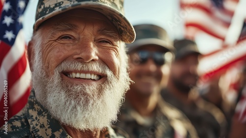 A joyful veteran smiles broadly with an American flag backdrop, symbolizing pride and patriotism. His cheerful expression captures the spirit of national service.