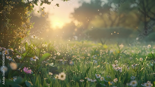 A lush meadow at dawn with morning dew on the grass, diverse wildflowers, and small mammals beginning their day