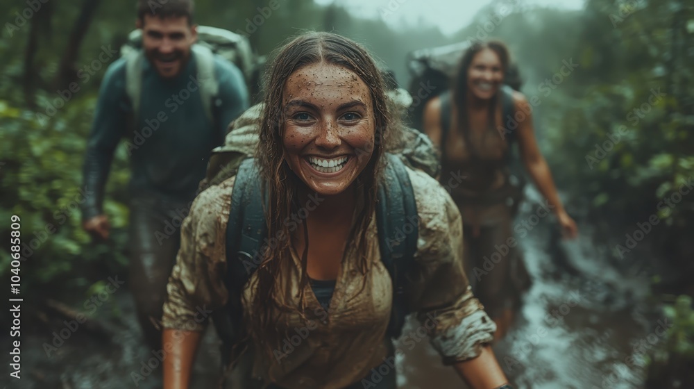 A group of enthusiastic hikers with muddy clothes and bright smiles marches through a lush forest, conveying a sense of adventure, joy, and friendship in nature. A group of enthusiastic hikers with muddy clothes and bright smiles marches through a lush forest, conveying a sense of adventure, joy, and friendship in nature.