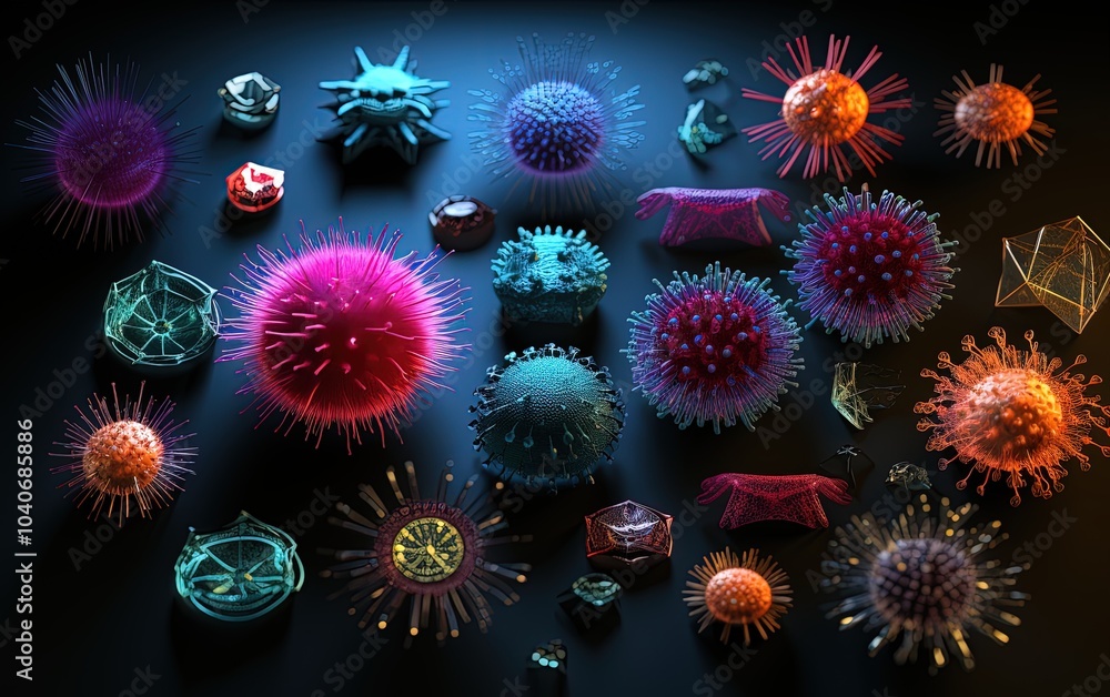 Realistic Collection of Virus and Bacteria Knolling in a Detailed Illustration Realistic Collection of Virus and Bacteria Knolling in a Detailed Illustration