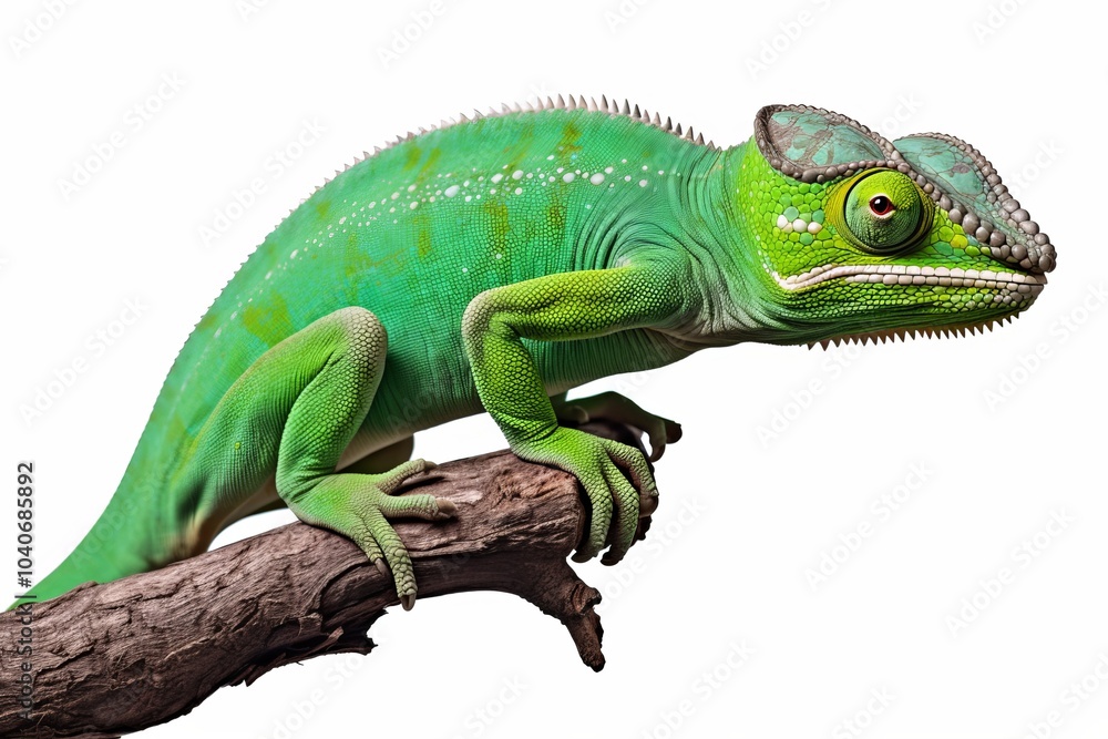 Fototapeta premium Bright green chameleon perched on a branch in a bright setting during the day