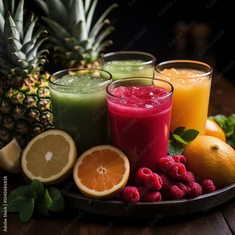 Refreshing Fresh Juices and Smoothies Served in Glasses on Wooden Surface Refreshing Fresh Juices and Smoothies Served in Glasses on Wooden Surface