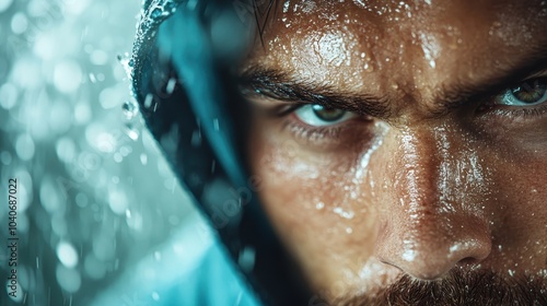 A mysterious figure with a hood, captured in pouring rain, with an intense and determined gaze, blending modernity with classic portrait aesthetics. photo