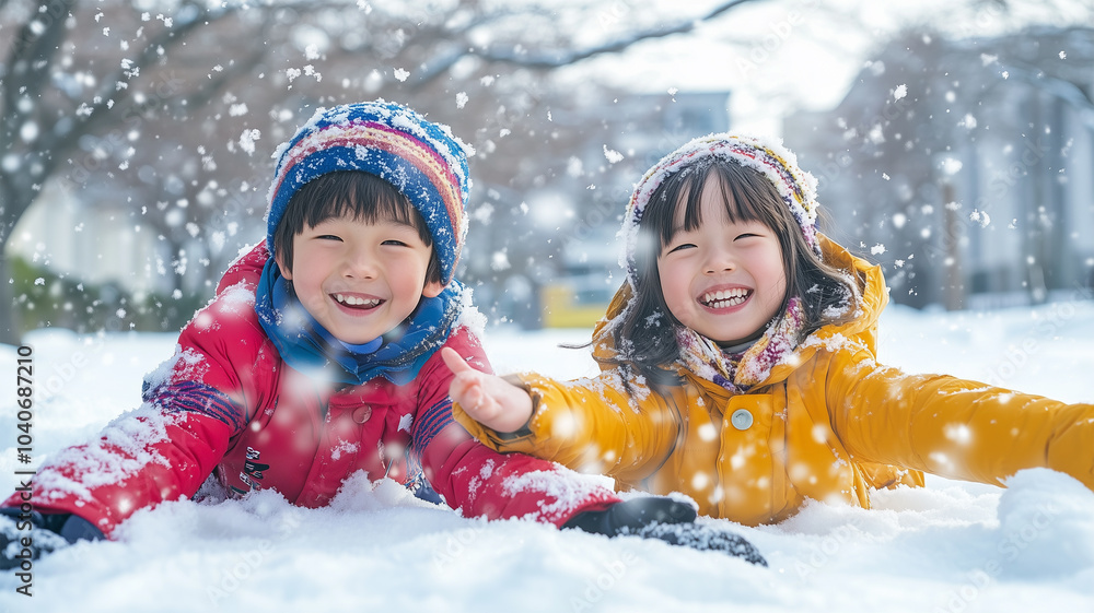 雪の天使を作る日本人の子供たち