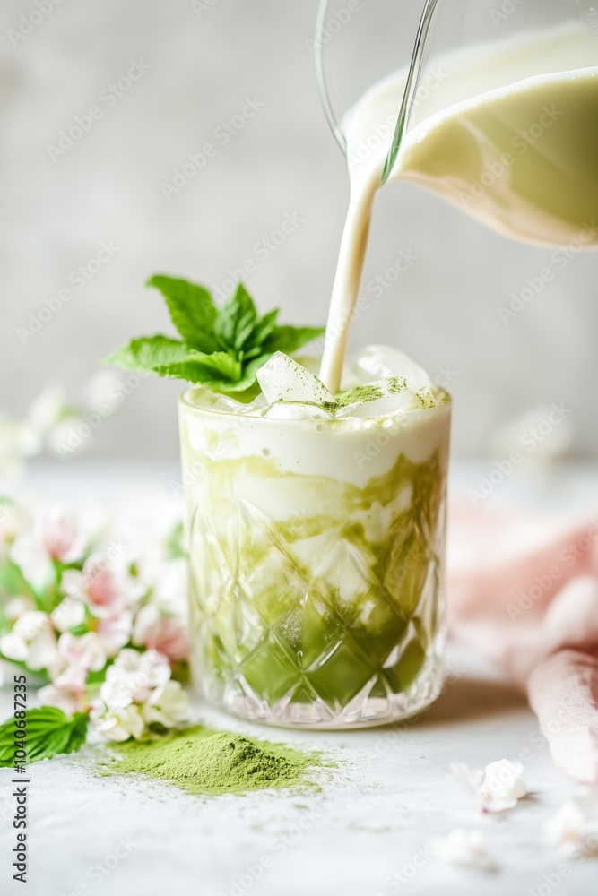 Iced Matcha Latte with Milk and Fresh Mint Iced Matcha Latte with Milk and Fresh Mint