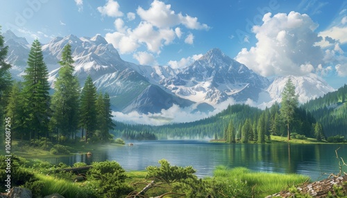 Scenic Mountain Lake with Pine Trees and Clear Sky 