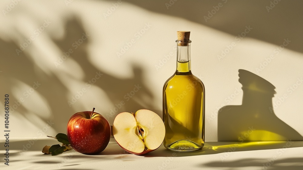 Fresh Apples with Bottle of Apple Cider in Sunlit Still Life Fresh Apples with Bottle of Apple Cider in Sunlit Still Life