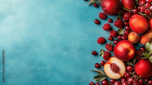 A diverse selection of fresh fruits, including peaches, cherries, and berries, artfully scattered over a blue surface, creating a vivacious summertime composition. photo