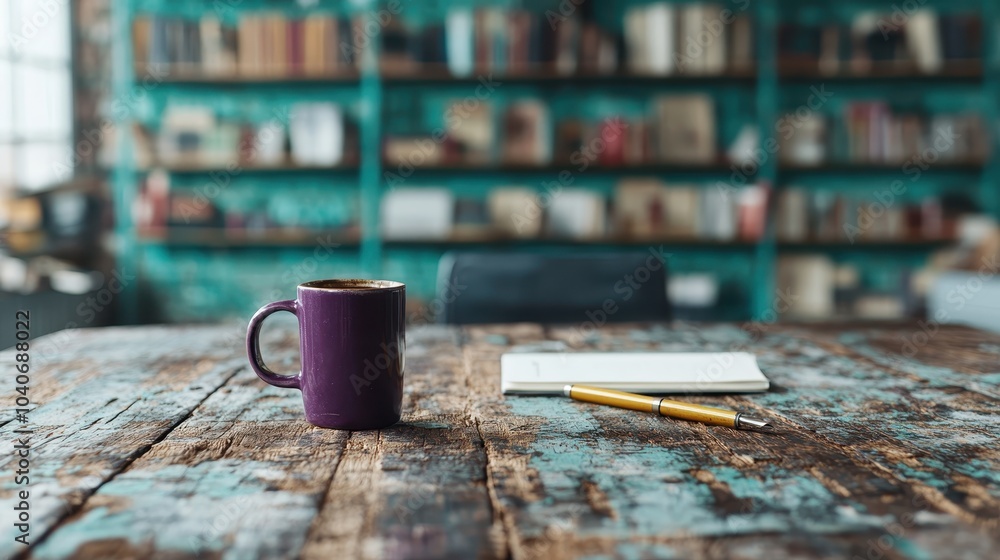 A rustic wooden table holds a purple mug and closed notebook, inviting feelings of nostalgia and creativity, complemented by blurry bookshelves in the background. A rustic wooden table holds a purple mug and closed notebook, inviting feelings of nostalgia and creativity, complemented by blurry bookshelves in the background.