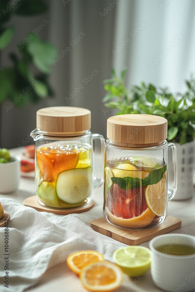 Infused herbal drinks in glass pitchers with fresh fruits Infused herbal drinks in glass pitchers with fresh fruits