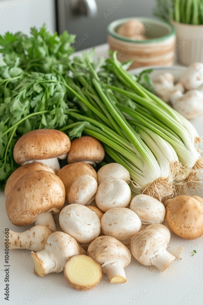 Fresh mushrooms, green onions, and parsley on a kitchen counter Fresh mushrooms, green onions, and parsley on a kitchen counter