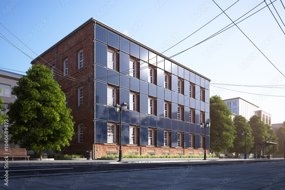 Modern Brick Building with Solar Panels in Urban Setting Under Clear Sky