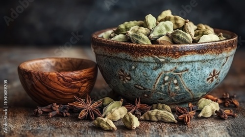 Fototapeta Naklejka Na Ścianę i Meble -  Bowl of cardamom pods and star anise on a wooden surface.