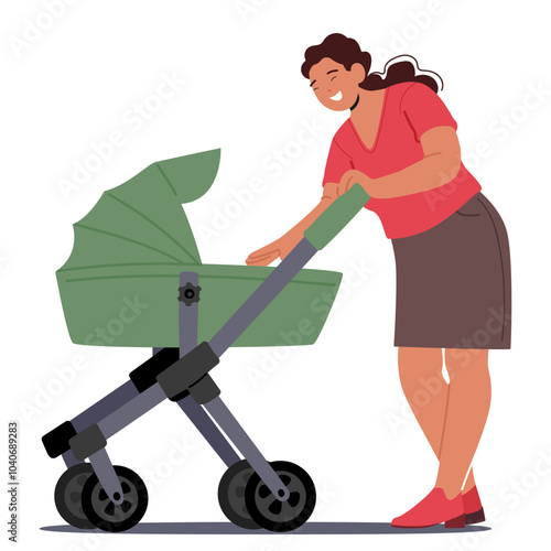 Smiling Mother Character Takes Care Of Her Newborn By Pushing A Baby Stroller Outdoors Depicting The Love And Care