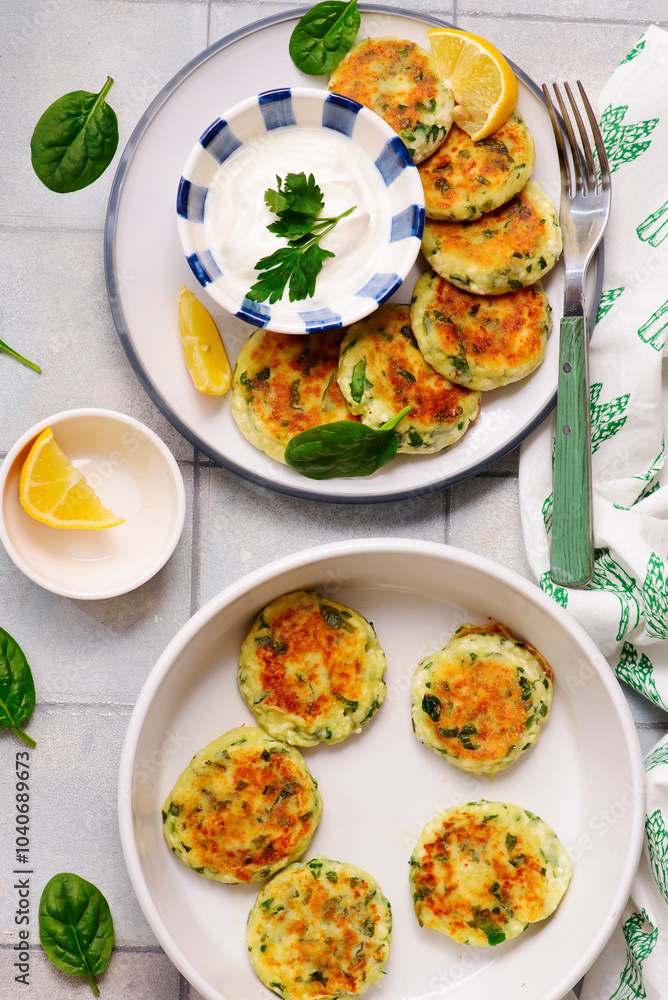Cheese pancakes with mozzarella, spinach and yogurt-garlic sauce..top veiw Cheese pancakes with mozzarella, spinach and yogurt-garlic sauce..top veiw