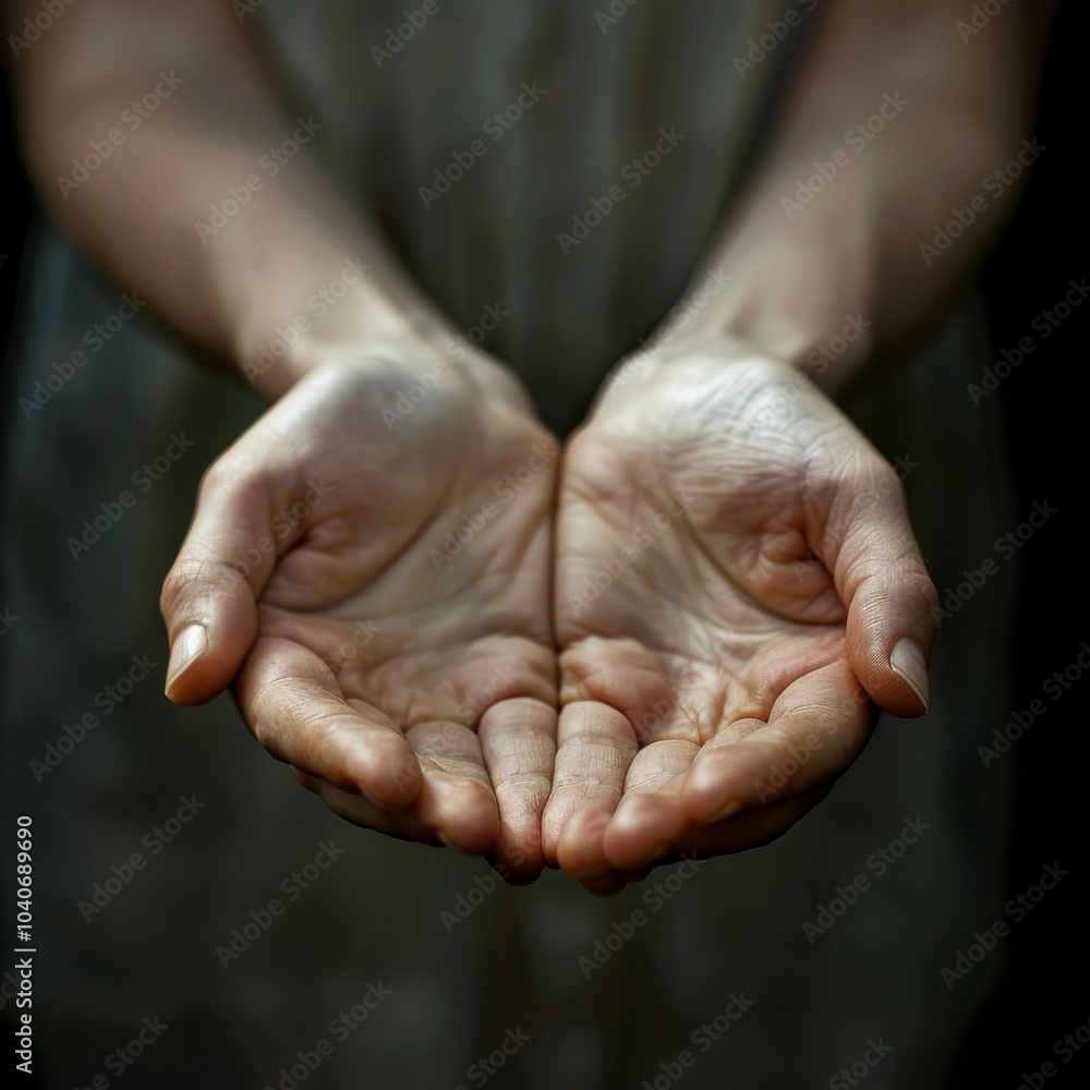 Fototapeta premium Open palms closeup, hands in holding gesture, giving and showing, prayer, begging, copy space