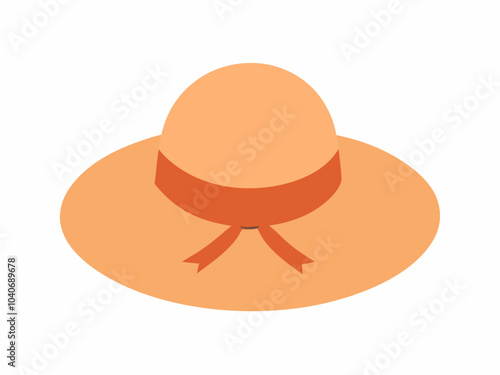 Straw hat, women beach clothing. Sun headwear for sea vacation. Summer sunhat with ribbon and brims. Head wearing, girls accessory. Flat vector illustration isolated on white background
