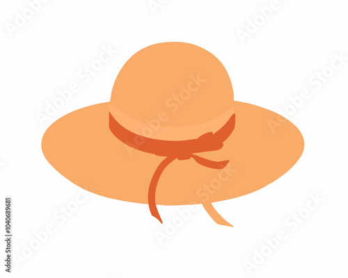 Straw hat, women beach clothing. Sun headwear for sea vacation. Summer sunhat with ribbon and brims. Head wearing, girls accessory. Flat vector illustration isolated on white background
