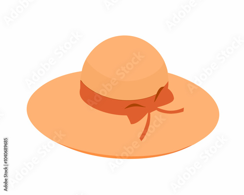 Straw hat, women beach clothing. Sun headwear for sea vacation. Summer sunhat with ribbon and brims. Head wearing, girls accessory. Flat vector illustration isolated on white background
