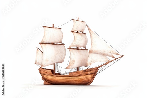 Wooden ship with sails on a white isolated background.