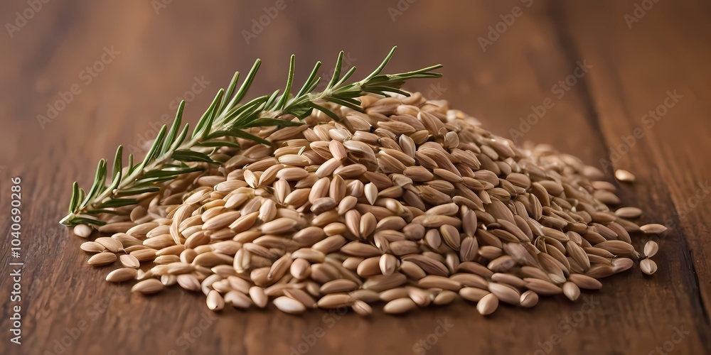 Obraz premium Freshly harvested grains in a wooden bowl with herbs on a rustic table setting in natural lighting