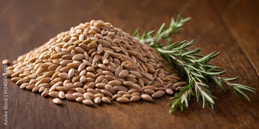 Obraz premium Freshly harvested grains in a wooden bowl with herbs on a rustic table setting in natural lighting