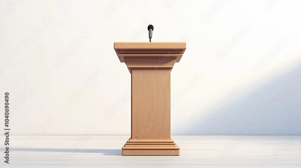 A light brown wooden podium with single microphone against white background public speaking fear politician speaker A light brown wooden podium with single microphone against white background public speaking fear politician speaker