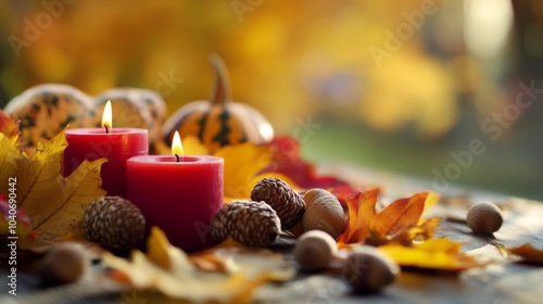 autumn scene featuring red candles, colorful leaves, and decorative pumpkins, creating a warm and inviting atmosphere.