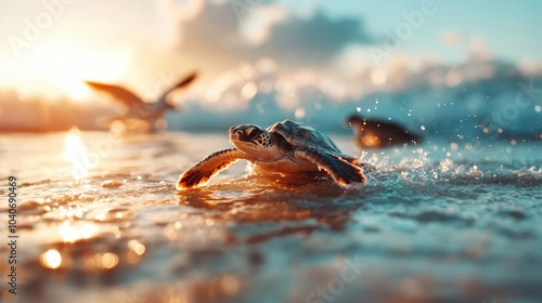 A little turtle swims toward the horizon, its flippers cutting through the shimmering water with confidence and hope as the sun sets in the background, a journey begins.