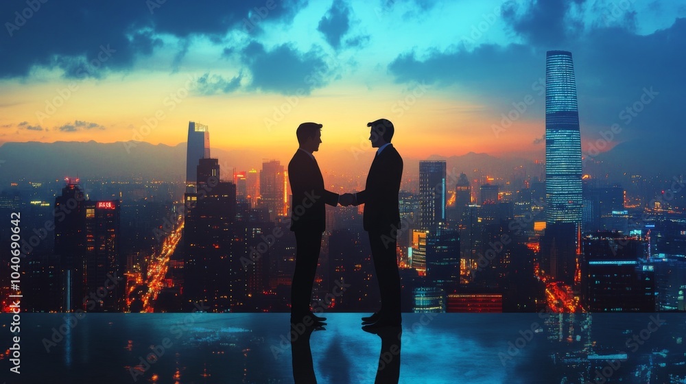 Fototapeta premium Two silhouettes shake hands against a vibrant city skyline at sunset, representing partnership and collaboration in a modern urban setting