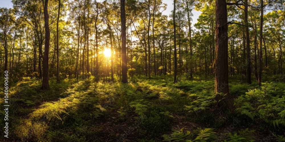 Fototapeta premium forest scene with sunlight filtering through tall trees, illuminating lush greenery and creating a tranquil atmosphere.
