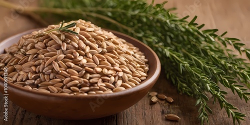 Freshly harvested grains in a wooden bowl with herbs on a rustic table setting in natural lighting