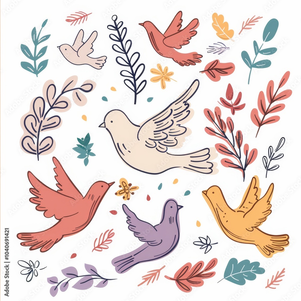 Peace dove icon, pigeons, dove twigs doodle sketched collection. Flying birds silhouettes on white Peace dove icon, pigeons, dove twigs doodle sketched collection. Flying birds silhouettes on white